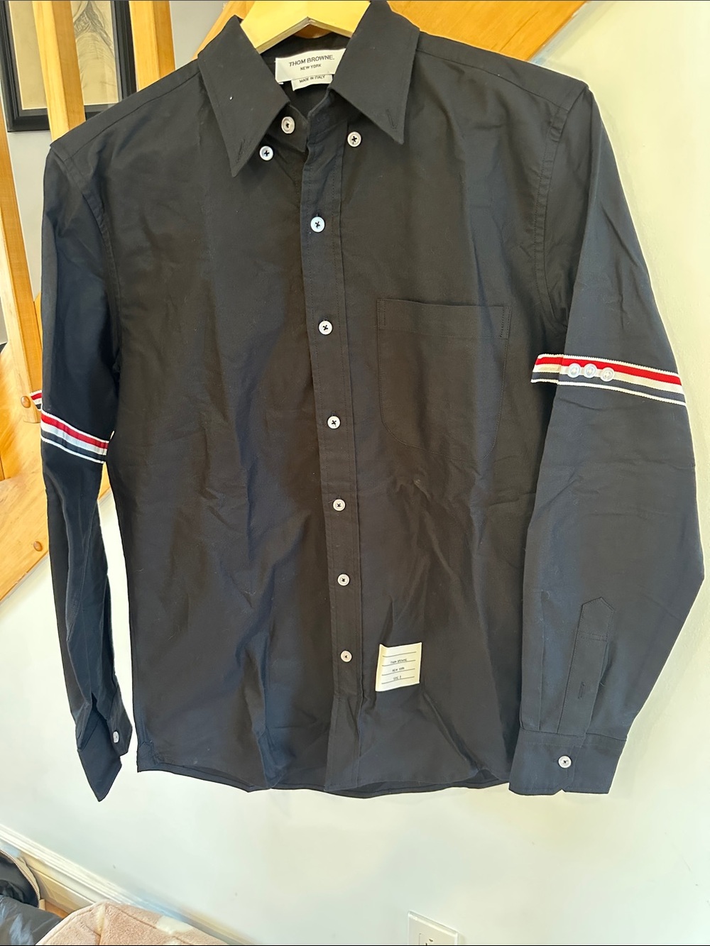 Thom Browne Black Button-Down Shirt with Red White and Blue Sleeve Bands